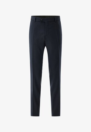 Navy tailored trousers made of fabric with a smooth texture. Features front pleats, a button closure, belt loops, and slim fit design.