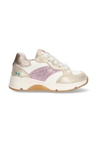 Sneaker mit weißem Grund, metallischen goldenen und rosa Akzenten sowie glitzernden Oberflächen. Verfügt über ein strukturiertes Schlangenleder und eine Gummisohle.