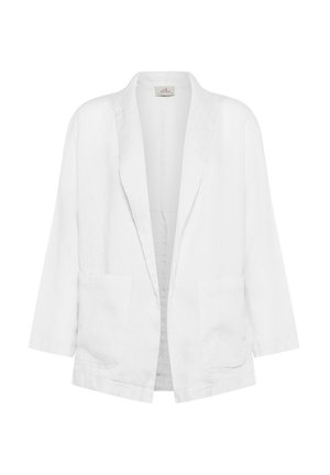 Hvid hørblazer med løs pasform, udstyret med hakkede revers, lange ærmer og to forlommer. Glat tekstur og minimalistisk design.