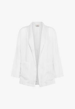 Blazer bianco in lino con vestibilità ampia, dotato di revers a lancia, maniche lunghe e due tasche frontali. Texture liscia e design minimalista.