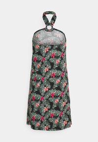 Robe noire sans manches à col halter avec des feuilles de palmier vertes et des fleurs roses, avec un panneau transparent sur le haut de la poitrine et un fermoir anneau au niveau du cou.