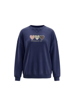 Mørkeblå sweatshirt med tre stribede hjerter og teksten "Perkins for Life" broderet tværs over brystet, lange ærmer, ribstrikkede manchetter og kant.
