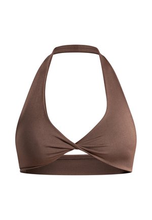 Haut de bikini marron style dos-nu avec un design torsadé à l'avant, une texture sans coutures, et une large bande sous la poitrine pour le soutien.