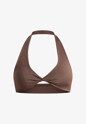 Haut de bikini marron style dos-nu avec un design torsadé à l'avant, une texture sans coutures, et une large bande sous la poitrine pour le soutien.