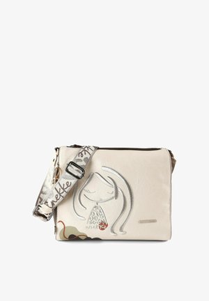 Borsa a tracolla in pelle marrone chiaro con design ricamato di volto di ragazza, tracolla regolabile con motivo e piccola targhetta marchio in metallo beige sul davanti.