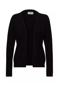Czarny kardigan z miękkiego materiału, z otwartym przodem, długimi rękawami i gładką fakturą. Brak widocznych wzorów lub akcentów.