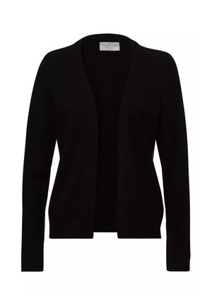 Czarny kardigan z miękkiego materiału, z otwartym przodem, długimi rękawami i gładką fakturą. Brak widocznych wzorów lub akcentów.