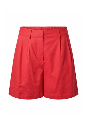 Røde høytlivde skreddersydde shorts med beltehemper, frontfolder og skjult frontåpning, vist på hvit bakgrunn.