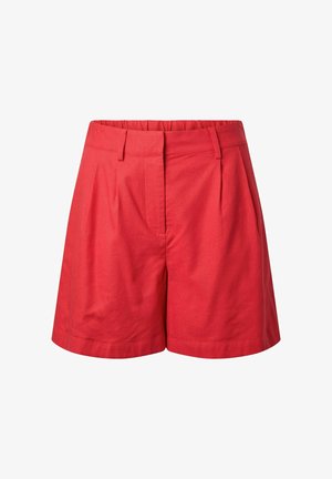 Røde høytlivde skreddersydde shorts med beltehemper, frontfolder og skjult frontåpning, vist på hvit bakgrunn.