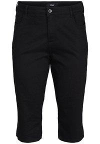 Pantalones cortos bermuda de algodón negro con un diseño clásico de cinco bolsillos, cierre de botón metálico y corte recto, con una textura suave.