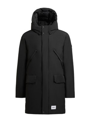 Svart parkasjacka med huva, utrustad med dragkedja, två framfickor och en slät, vattentät yta. Vattentätt material säkerställer värme.