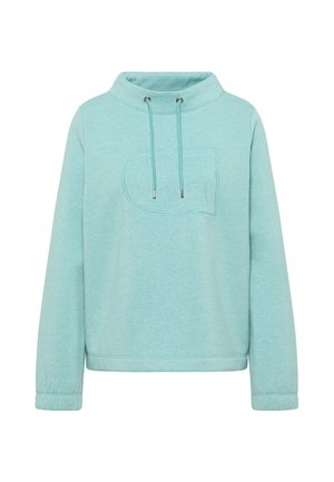 Vaaleansininen collegepaita, jossa on korkea kaulus, kiristysnyöri ja tummempi kirjailtu logo. Pehmeä tekstuuri, pitkät hihat ja resorireunukset.