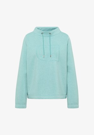 Vaaleansininen collegepaita, jossa on korkea kaulus, kiristysnyöri ja tummempi kirjailtu logo. Pehmeä tekstuuri, pitkät hihat ja resorireunukset.