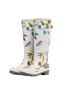 Botas de lluvia de goma blancas con patrones coloridos de flores y mariposas, acabado texturizado, suelas bicolor y detalle del logotipo en la parte superior.