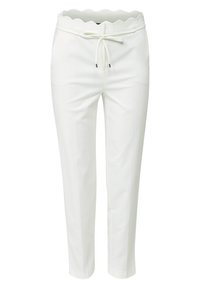 Pantalon blanc taille haute avec ceinture festonnée et lien coulissant, coupe droite près du corps, sans poches ni motifs visibles.