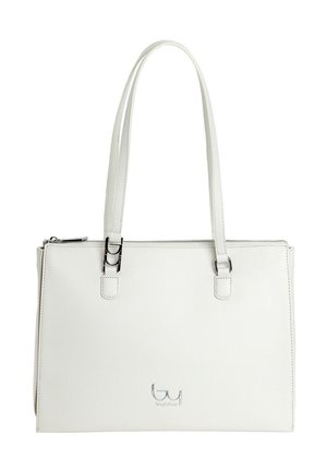 Borsa a mano in pelle bianca con due manici lunghi, chiusura con zip argento e piccolo logo "by" argento sul davanti al centro.