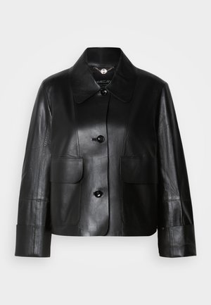Schwarze Lederjacke mit Kragen, ausgestattet mit zwei vorderen Taschen, einem Knopfverschluss und einer glatten Textur. Maßgeschneiderte Passform mit strukturierten Schultern.