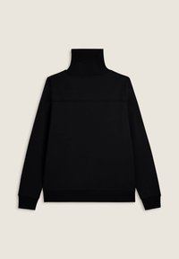 Sudadera negra con cuello alto en un color sólido, que presenta mangas largas, cuello y puños acanalados, y una textura de tela suave.