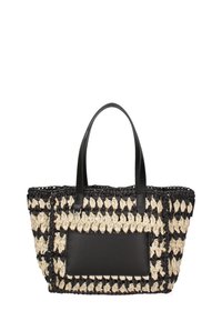 Borsa a tracolla in tessuto con un motivo nero e beige, rifiniture in pelle, due manici e una tasca frontale nera nella parte superiore per dettagli.