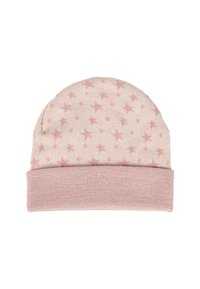 Cappello beanie lavorato a maglia in morbido rosa con un motivo a stella. Presenta un bordo ripiegato e una texture liscia, adatto per indossarlo nelle giornate fresche.