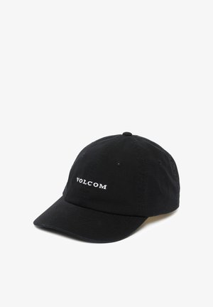 Casquette de baseball noire avec une visière courbée, ornée du texte blanc "VOLCOM" brodé sur le panneau avant.