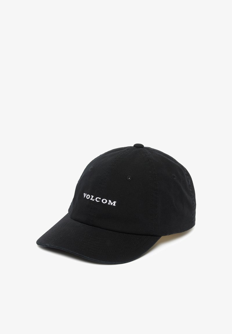 Casquette de baseball noire avec une visière courbée, ornée du texte blanc "VOLCOM" brodé sur le panneau avant.