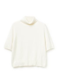 Weißer kurzärmeliger Rollkragenpullover mit geripptem Kragen, Bündchen und Saum, flach auf einem weißen Hintergrund ausgestellt.