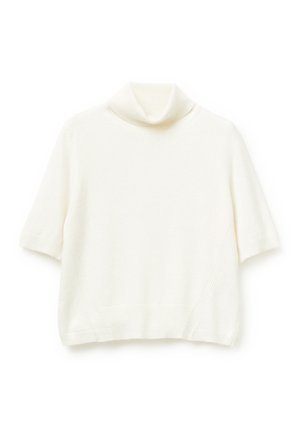Maglione corto a maniche corte bianco con colletto a dolcevita, polsini e orlo a coste, mostrato disteso su uno sfondo bianco.