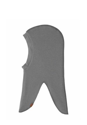 Cagoule en maille côtelée grise avec une couverture étendue du cou et une ouverture pour le visage, conçue pour la chaleur et le confort.