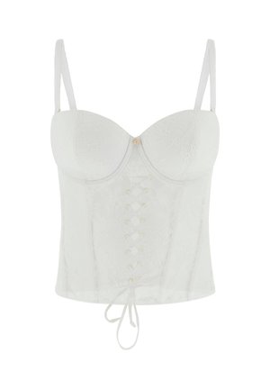 Wit kanten bustier met beugelcups, verstelbare bandjes en een voorste veterdetail dat aan de onderkant is gestrikt.