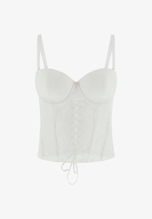 Wit kanten bustier met beugelcups, verstelbare bandjes en een voorste veterdetail dat aan de onderkant is gestrikt.