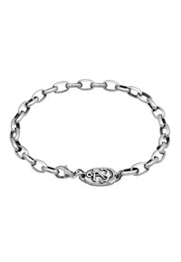 Silverfärgad metallarmband med stora ovala länkar och en texturerad ankarlåsfunktion, som har både polerade och matta ytor för kontrast.