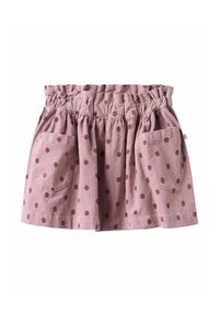 Lyserød bomuldsnederdel med en samlet elastisk talje, prydet med store maroon polka prikker og to sidelommer. Blødt, tekstureret stof.