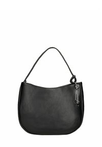 Borsa a spalla in pelle nero con una texture liscia, forma semicircolare e un accentuazione in catena argentata attaccata. Manico robusto per il trasporto.