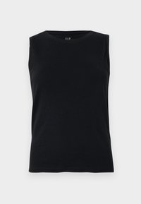 Black sleeveless top made of cotton. Features a round neckline and a fitted shape. Smooth texture with no visible patterns or accents.