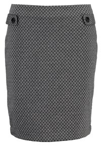 Falda de patrón de pata de gallo en blanco y negro, con forma ajustada, botones frontales y una tela texturizada. Largo por encima de la rodilla.
