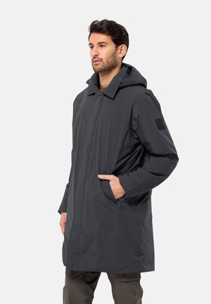 Dark grey hooded coat with a straight cut, featuring side pockets and a textured fabric. Simple design, suitable for various weather conditions.