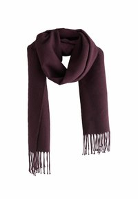 Burgundy scarf made of soft material, featuring a smooth texture and long fringed edges for added detail and drape.