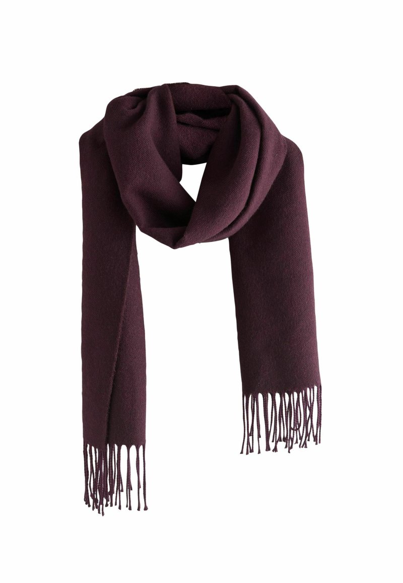 Burgundy scarf made of soft material, featuring a smooth texture and long fringed edges for added detail and drape.