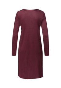 Burgundy långärmad klänning med rundad halsringning och rak, medellång skärning. Slät textur, inga synliga mönster eller detaljer.