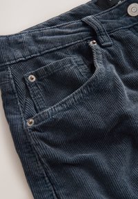 Pantaloni din catifea reiată albastru închis, prim-plan care arată buzunarul din față, bucla pentru curea și nituri metalice pe țesătură cu dungi verticale texturate.