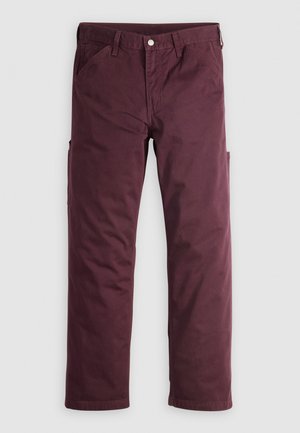 Burgundy cotton pants with a straight fit, featuring two front pockets and a side pocket. Smooth texture, standard button closure.
