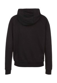 Sweat à capuche noir avec une texture douce, doté d'une capuche arrondie, de manches raglan et de poignets et ourlet côtelés pour un ajustement confortable.