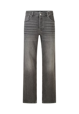 Rechte zwarte spijkerbroek met een verweerde look, voorzakken, riemlussen en knoopsluiting.