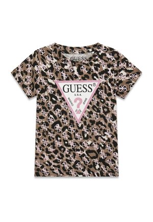 Kortærmet t-shirt med leopardprint og pink logoer over det hele samt en stor pink trekant med "GUESS U.S.A." og et spørgsmålstegn foran.