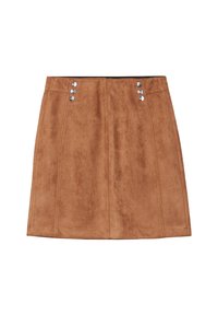 Brauer Wildleder-Minirock mit silbernen Knopfdetails am Bund, vertikalen Nahtakzenten und geradem Saum.