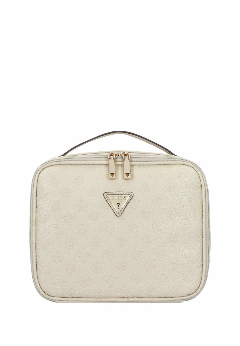 Trousse à maquillage rectangulaire couleur crème avec un motif en relief, finitions dorées, double fermeture à glissière et une poignée supérieure pour un transport facile.