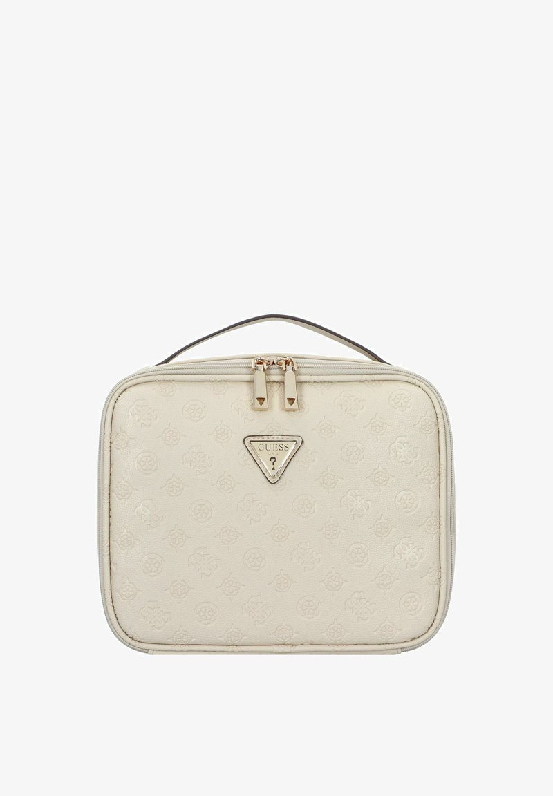 Cream-colored rectangular cosmetic case with embossed pattern, gold-tone hardware, dual zippers, and a top handle for easy carrying.