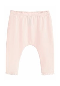 Leggings en coton rose clair avec une taille élastique, ornés d'ourlets volants aux chevilles et d'une texture lisse et douce.