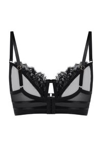 Μαύρο σουτιέν από διάφανο και δαντελένιο ύφασμα, με σχέδιο σε σχήμα V, ρυθμιζόμενες τιράντες και κούμπωμα με γάντζο και μάτι με χρυσές λεπτομέρειες.
